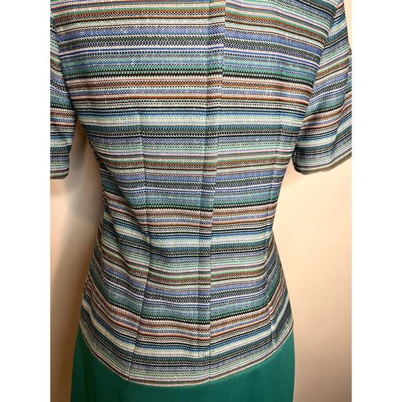 1970s Teal Brown Tweed Stripes Western Retro Disco Dagger Collar Hostess Dress M - Picture 3 of 6